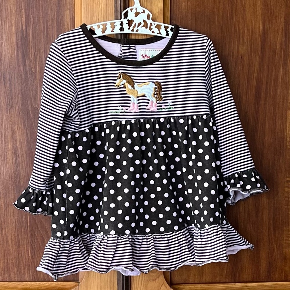 Toffee Apple Brown and Pink Girls Embroidered Horse Tunic Shirt Ruffle 2T